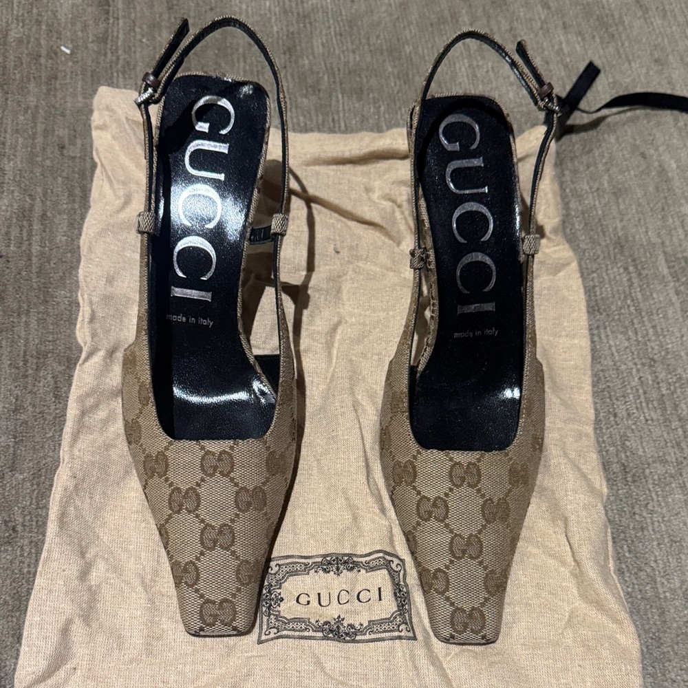 Gucci Women's Tan Monogram Slingback Heels